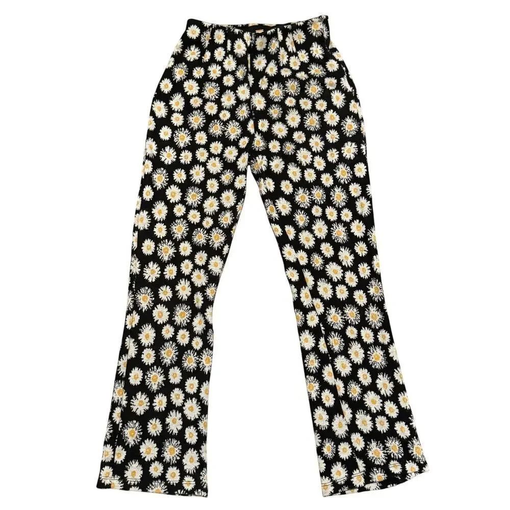 Free People Womens Daisy Print Black Knit Cropped Flare Pants 2 Boho Cottage